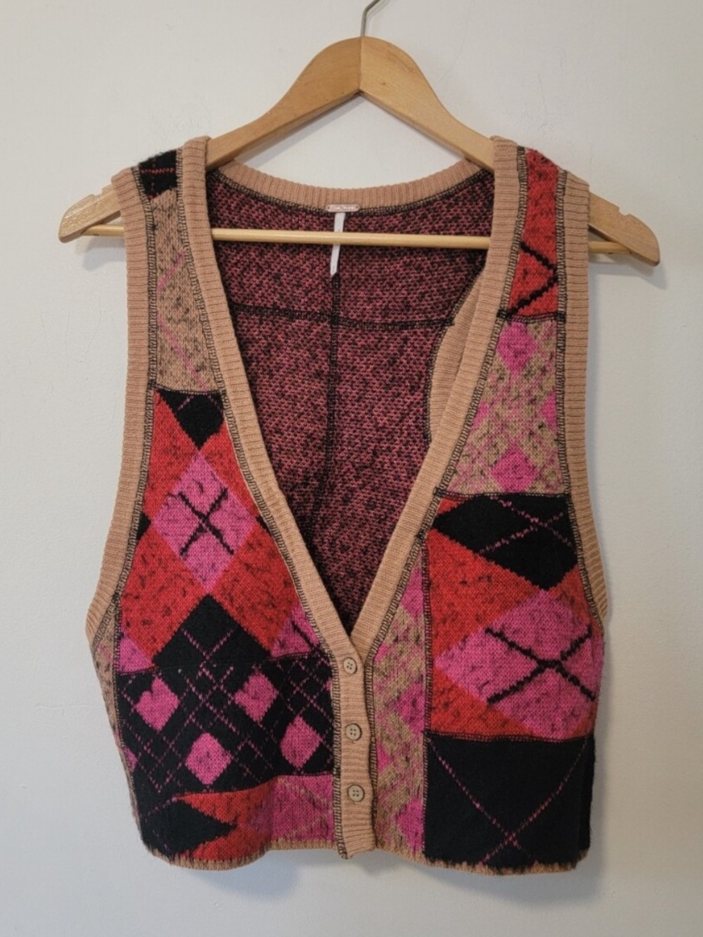 Free People Pink, Red & Black Marled Knit Vest with Tan Trim